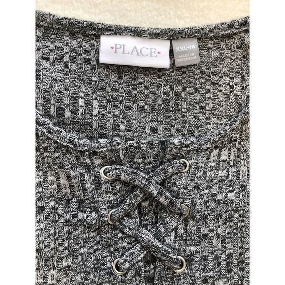 Children's Place Lace Up Neck Gray Nubby Knit Dress Girls XXL 16 A Line Flare - Picture 4 of 7